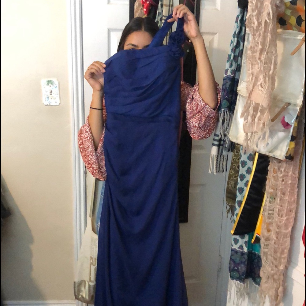 One shoulder blue prom dress